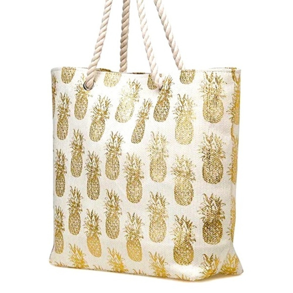 NWT Cream And Gold Foil Pineapple Tote Bag With Rope Handles - Picture 3 of 4